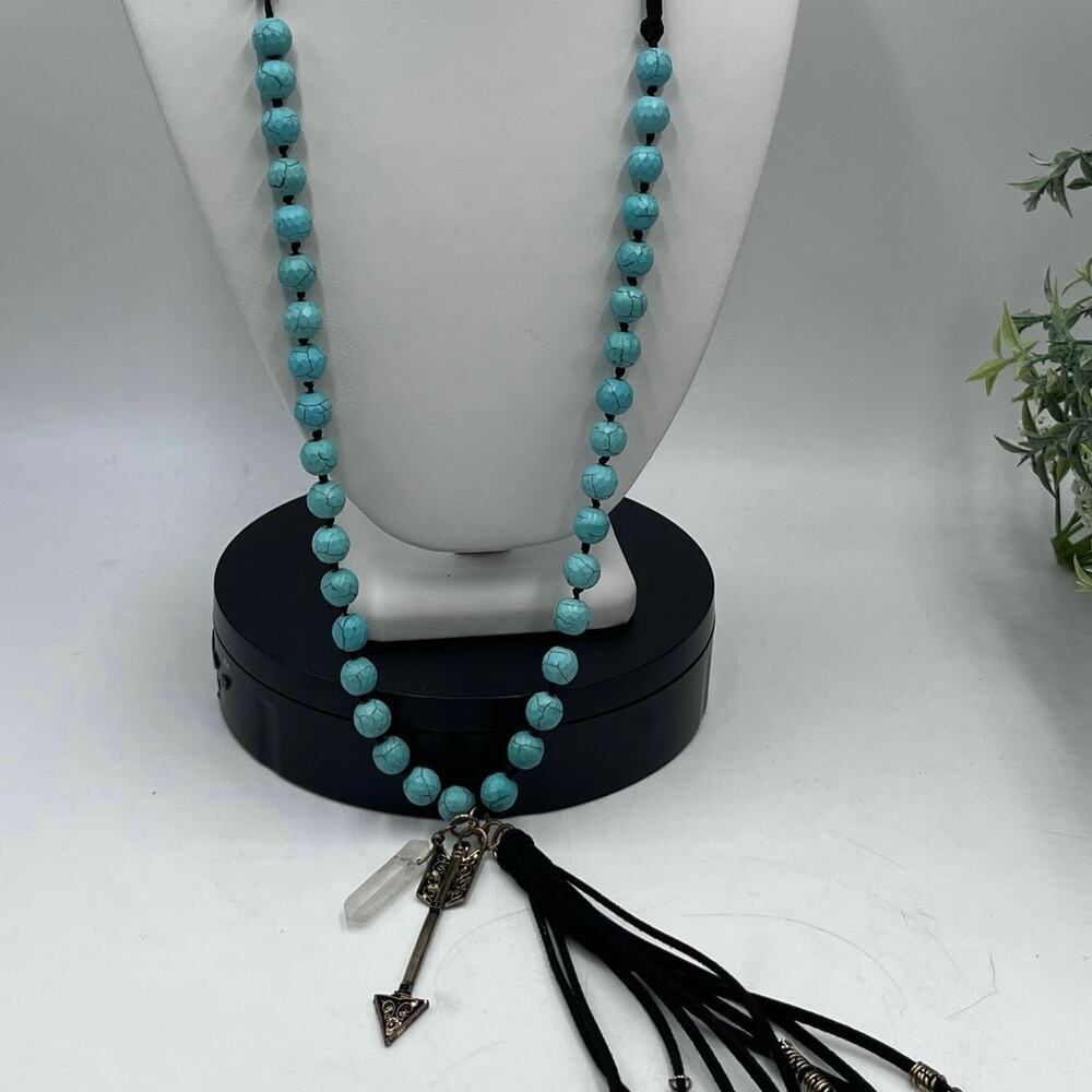 Jane Marie Hand Knotted Black leather Tassel‎ Blue Faux Turquoise Arrow Pendant